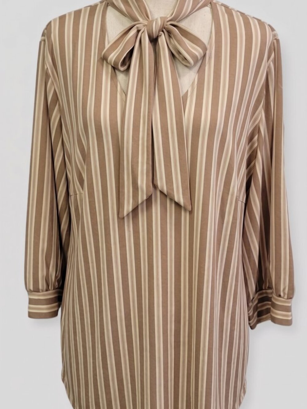 NWOT Adrianna Papell Long Sleeve Blouse Tan Shades Stripe Top Stretch Shirt Size